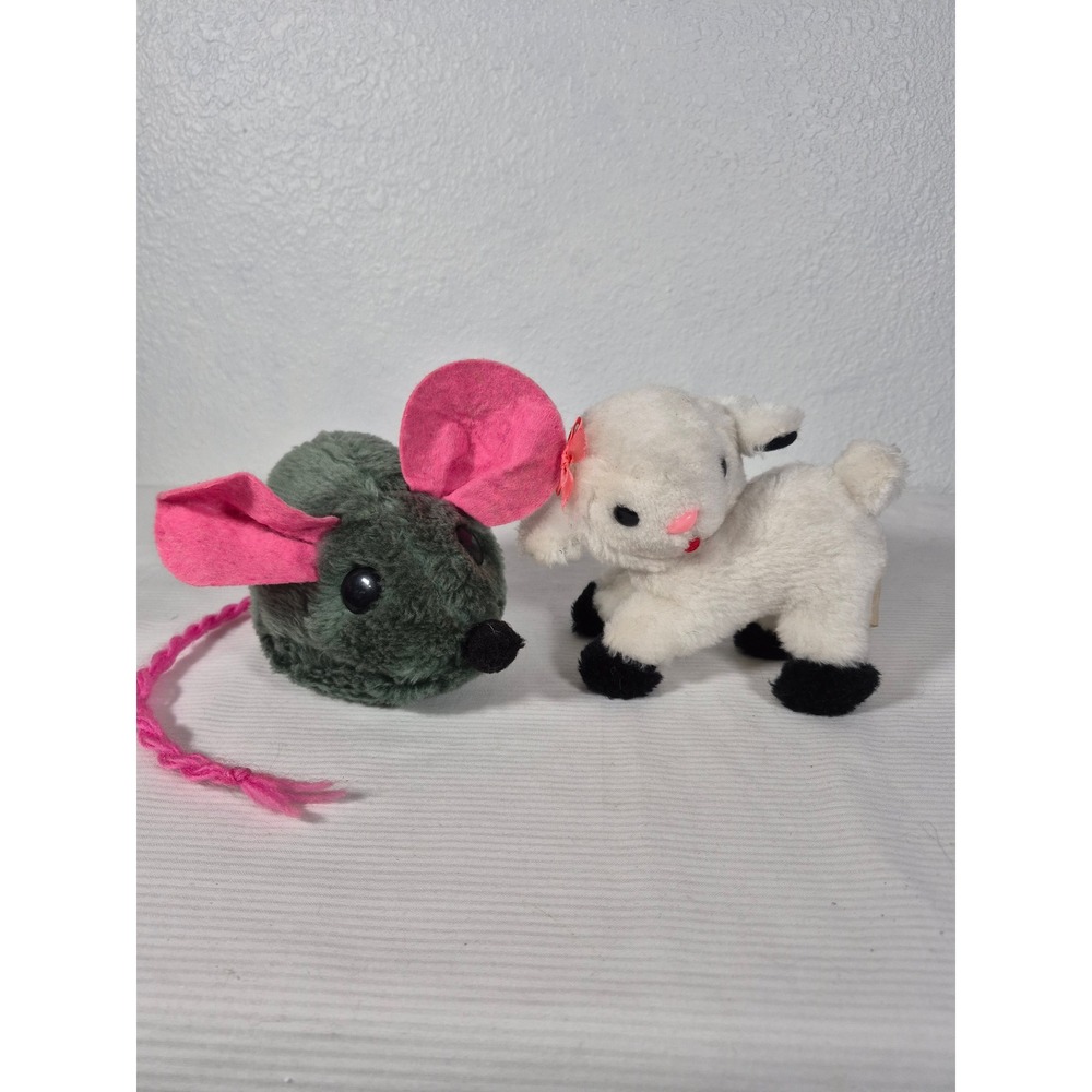 1974 Wallace Berrie "Mealy" Mouse & 1977 Lamb "Pam" Plush Set Green Pink White